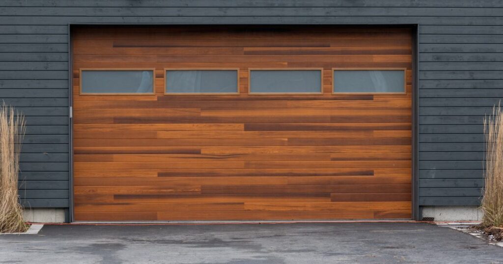 bruine houten garagepoort met horizontale ramen